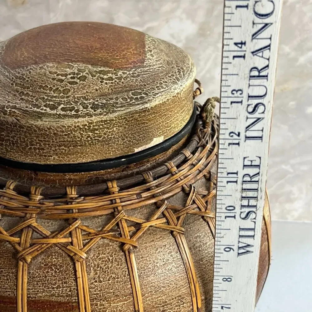 Round Oriental Asian Rice Jar Bamboo Hand Painted